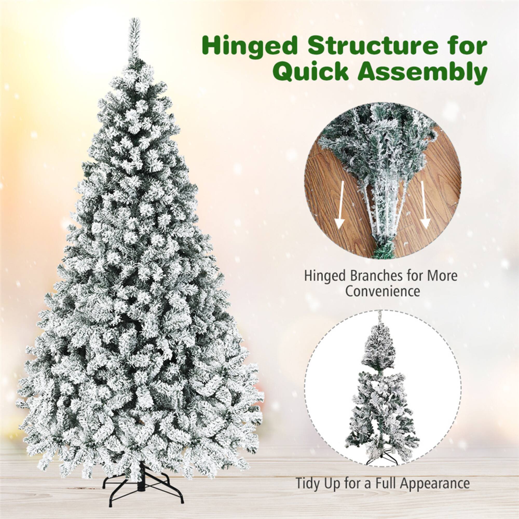 Costway 7.5ft. Pre-Lit Snow-Flocked Artificial Christmas Tree, Warm White LED Lights